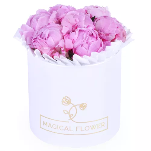 Букет из 7 розовых пионов в белой шляпной коробке