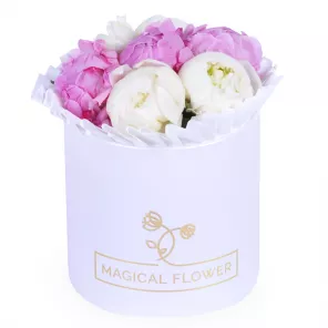 Букет из 7 разноцветных пионов в шляпной коробке