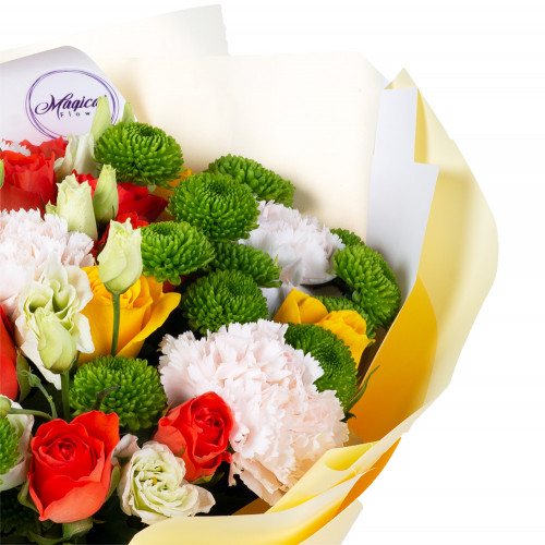 Букет цветов на годовщину свадьбы из роз, диантуса и эустом