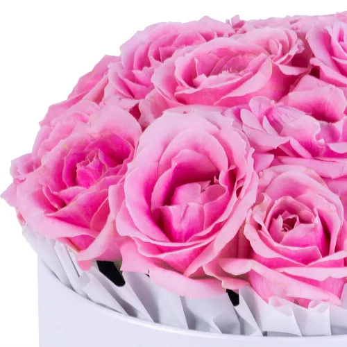 Букет из 15 розовых роз premium в белой шляпной коробке