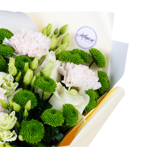 Букет на годовщину свадьбы из диантуса, роз и хризантем