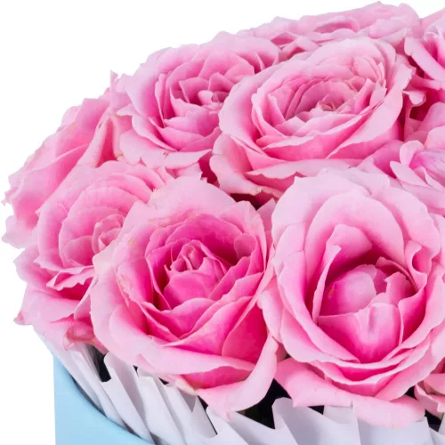 Букет из 15 розовых роз premium в голубой шляпной коробке