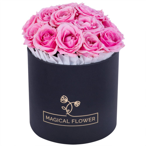 Букет из 15 розовых роз premium в черной шляпной коробке