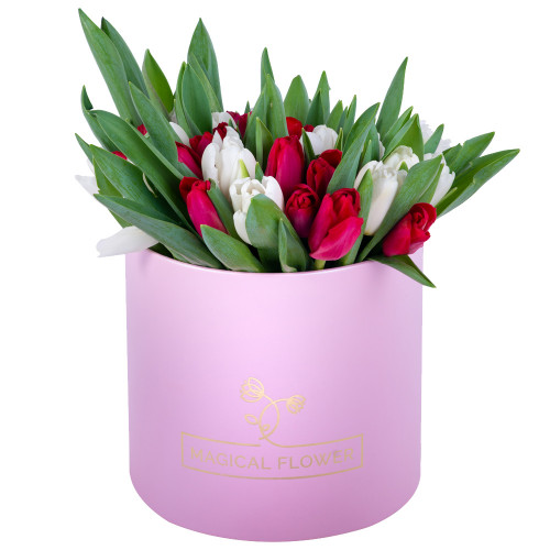 51 Разноцветный тюльпан в розовой шляпной коробке