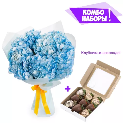 Букет из 5 голубых гортензий - клубника в шоколаде в подарок!