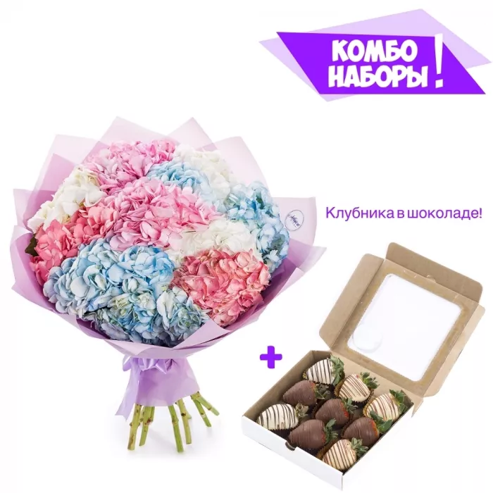 Букет из 11 разноцветных гортензий - клубника в шоколаде в подарок!