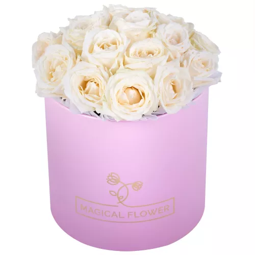 Букет из 19 белых роз premium в розовой шляпной коробке
