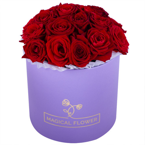 Букет из 19 красных роз premium в фиолетовой шляпной коробке