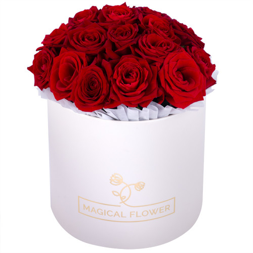 Букет из 19 красных роз premium в кремовой шляпной коробке