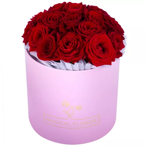 Букет из 19 красных роз premium в розовой шляпной коробке