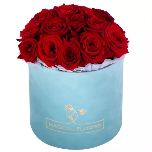 Букет из 19 красных роз premium в зеленой бархатной шляпной коробке