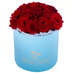 Букет из 19 красных роз premium в голубой шляпной коробке