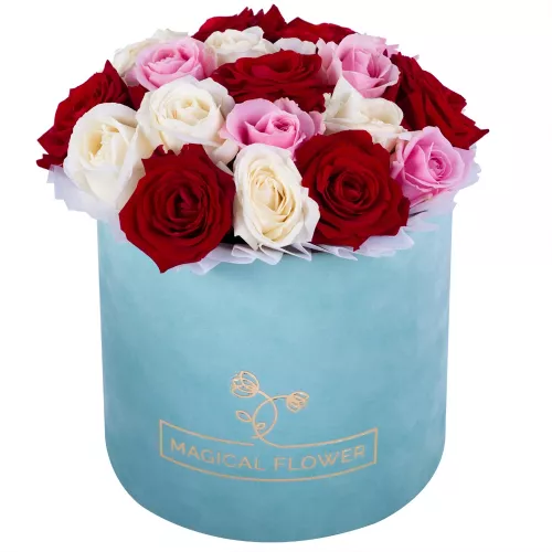 Букет из 19 разноцветных роз premium в зеленой бархатной шляпной коробке Букет из 19 разноцветных роз premium в зеленой бархатной шляпной коробке