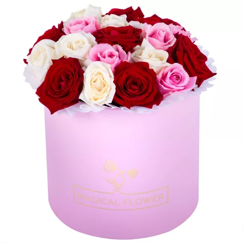 Букет из 19 разноцветных роз premium в розовой шляпной коробке