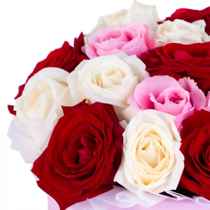 Букет из 19 разноцветных роз premium в розовой шляпной коробке