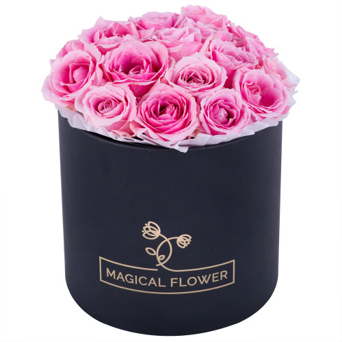 Букет из 19 розовых роз premium в черной шляпной коробке