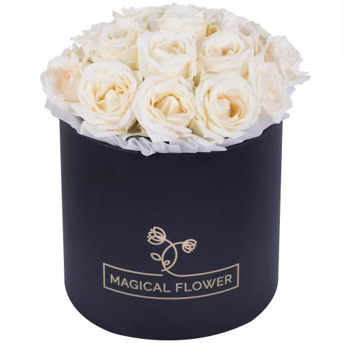 Букет из 19 белых роз premium в черной шляпной коробке Букет из 19 белых роз premium в черной шляпной коробке