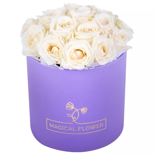 Букет из 19 белых роз premium в фиолетовой шляпной коробке