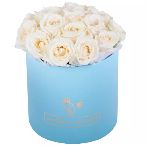Букет из 19 белых роз premium в голубой шляпной коробке Букет из 19 белых роз premium в голубой шляпной коробке