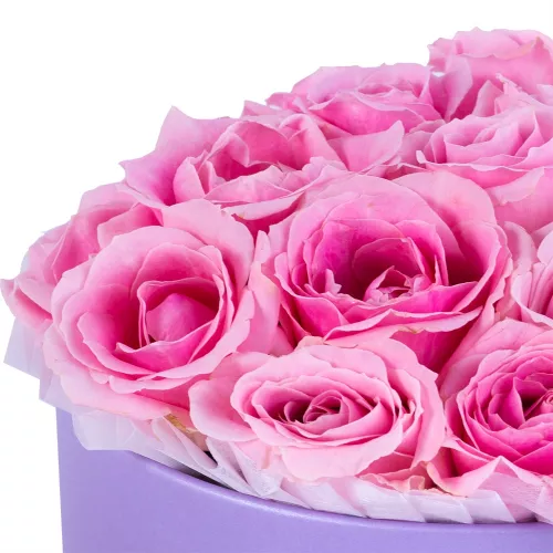 Букет из 19 розовых роз premium в фиолетовой шляпной коробке