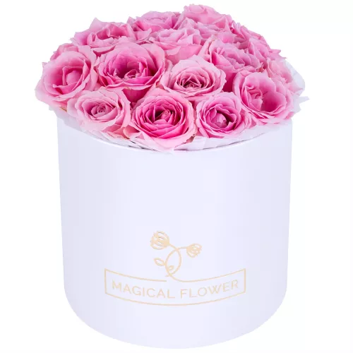 Букет из 19 розовых роз premium в белой шляпной коробке Букет из 19 розовых роз premium в белой шляпной коробке