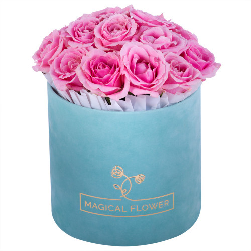 Букет из 15 розовых роз premium в зеленой бархатной шляпной коробке
