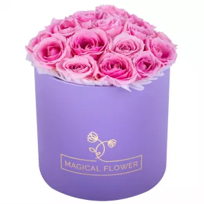 Букет из 19 розовых роз premium в фиолетовой шляпной коробке