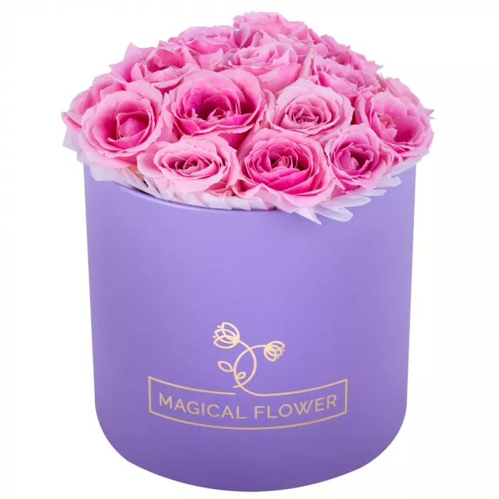 Букет из 19 розовых роз premium в фиолетовой шляпной коробке