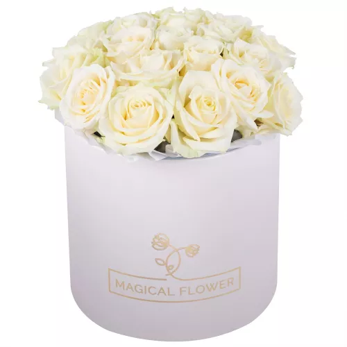 Букет из 21 белой розы premium в кремовой шляпной коробке