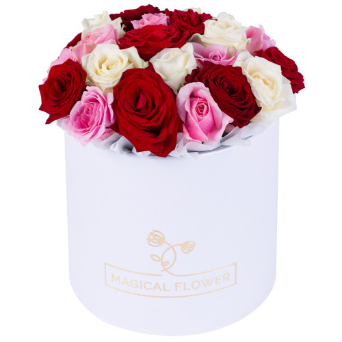 Букет из 21 разноцветной розы premium в белой шляпной коробке