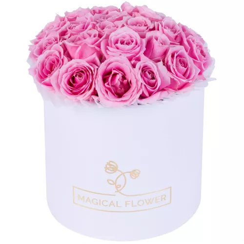 Авторский букет из 21 розовой розы premium в белой шляпной коробке