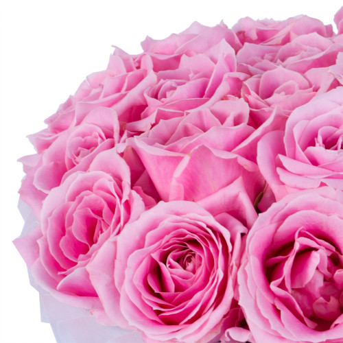 Букет из 21 розовой розы premium в голубой шляпной коробке