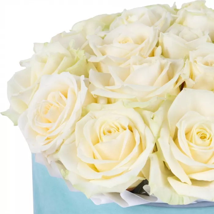 Букет из 21 белой розы premium в зеленой бархатной шляпной коробке
