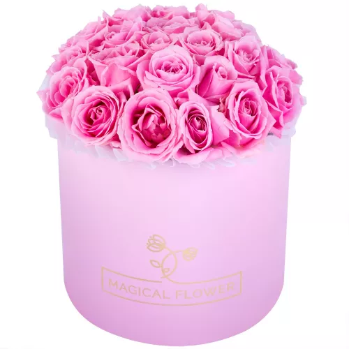 Букет из 21 розовой розы premium в розовой шляпной коробке Букет из 21 розовой розы premium в розовой шляпной коробке