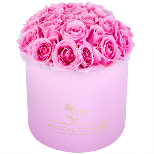 Авторский букет из 21 розовой розы premium в розовой шляпной коробке