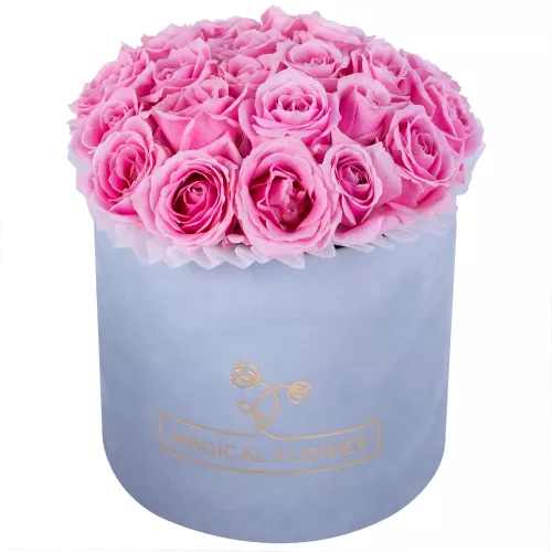 Букет из 21 розовой розы premium в серой бархатной шляпной коробке Букет из 21 розовой розы premium в серой бархатной шляпной коробке