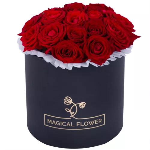 Букет из 21 красной розы premium в черной шляпной коробке