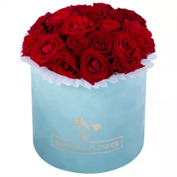 Букет из 21 красной розы premium в зеленой бархатной шляпной коробке