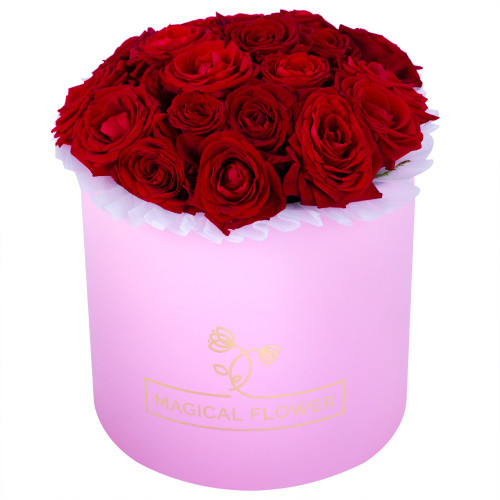 Букет из 21 красной розы premium в розовой шляпной коробке