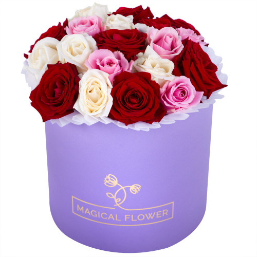 Авторский букет из 19 разноцветных роз premium в фиолетовой шляпной коробке