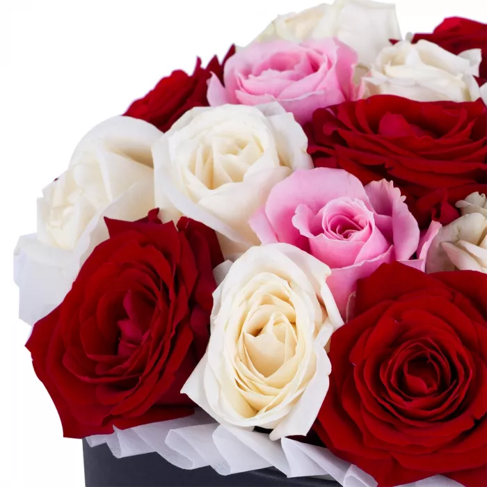 Букет из 19 разноцветных роз premium в черной шляпной коробке