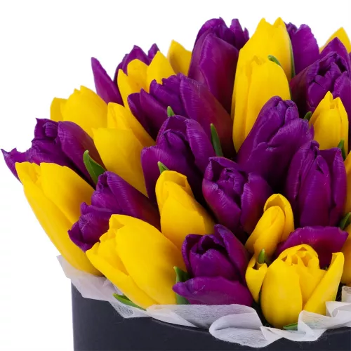35 разноцветных тюльпан в черной шляпной коробке