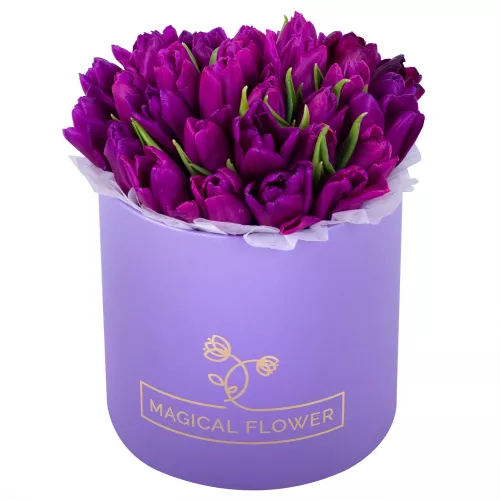 35 фиолетовых тюльпан в фиолетовой шляпной коробке