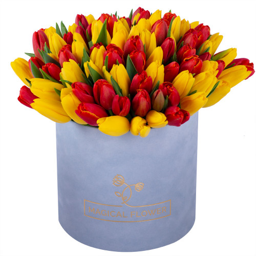 Букет из 101 разноцветного тюльпана в серой бархатной шляпной коробке