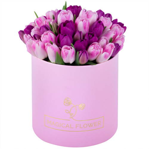 Разноцветный 51 тюльпан в розовой шляпной коробке