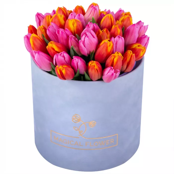 Букет микс из 51 тюльпана в серой бархатной шляпной коробке