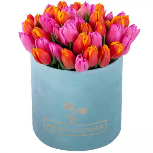 Букет микс из 51 тюльпана в зеленой бархатной шляпной коробке