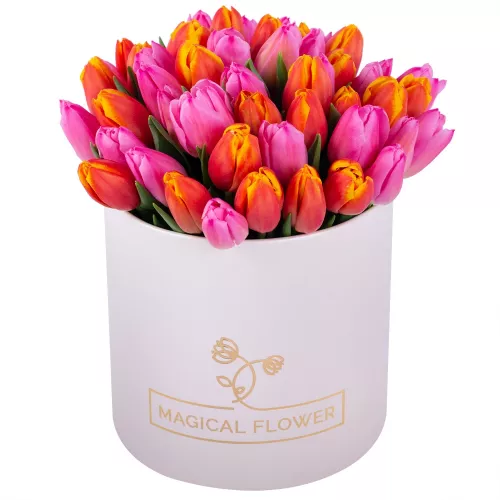 Букет микс из 51 тюльпана в кремовой шляпной коробке