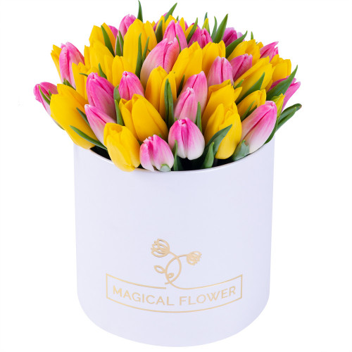 51 разноцветных тюльпан в белой шляпной коробке
