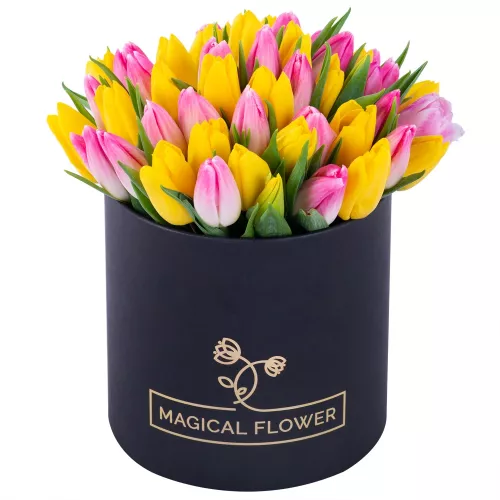 51 разноцветных тюльпан в черной шляпной коробке